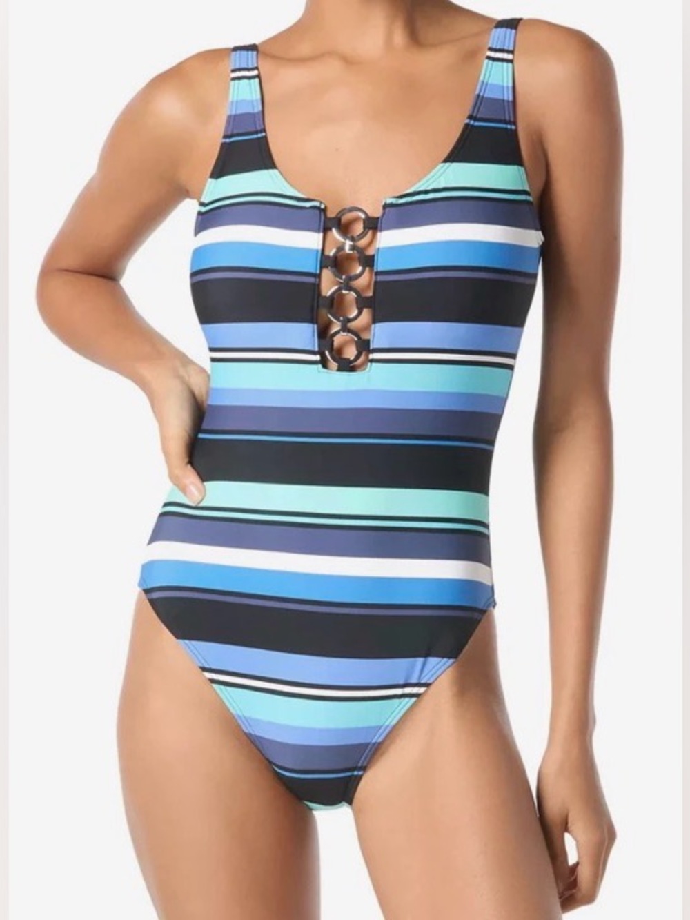Michael Kors Blue Multi ,White & Aqua Stripe 1-Piece Swimsuit w/ Rings Front: 8